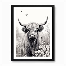 Black & White Illustration Of Highland Cow With Butterflies 2 Art Print