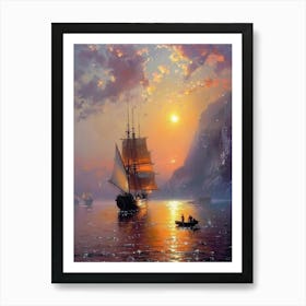 Morning Soul | Glorious Sunrise Boats on the Harbour | Paradise Beautiful Landscape Scenery Painting | Contemporary Art Print for Feature Wall | Vibrant Beautiful Wall Decor in HD Art Print