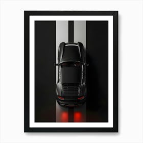 A sleek black sports car viewed from above, featuring minimalist lines and a glossy finish. Art Print