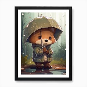 Happy Fox In The Rain Illustration 1watercolour Art Print