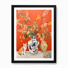 Snapdragon Flower Vase And A Cat, A Painting In The Style Of Matisse 3 Art Print