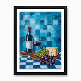 Wine Cheese & Grapes Blue Checkerboard 1 Art Print