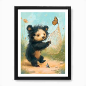 Sloth Bear Cub Playing With A Butterfly Net Storybook Illustration 2 Art Print