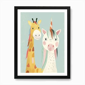 Giraffe & Unicorn Pastel Storybook Style 1 Art Print