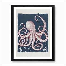 Retro Red Navy Octopus Linocut Style 3 Art Print