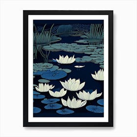 Pond With Lily Pads Water Waterscape Linocut 1 Art Print