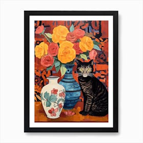 Rose Flower Vase And A Cat, A Painting In The Style Of Matisse 5 Art Print