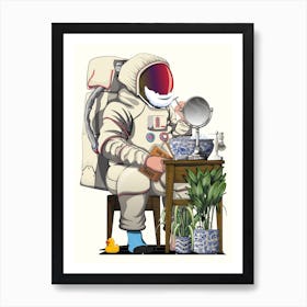 Astronaut Shaving in Bathroom Art Print