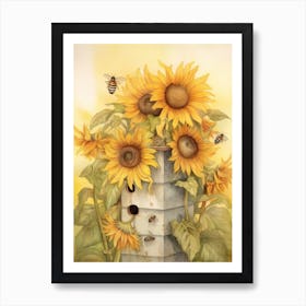 Sunflower Bee Beehive Watercolour Illustration 2 Art Print