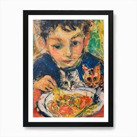 Portrait Of A Boy With Cats Having Pasta 2 Art Print