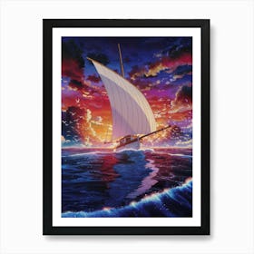 Anime Canvas Art: Majestic Sailboat at Fiery Sunset, Vibrant Sky with Dramatic Clouds and Ocean Waves, Perfect for Lofi Aesthetic and Seafaring Enthusiasts. Art Print