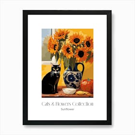Cats & Flowers Collection Sunflower Flower Vase And A Cat, A Painting In The Style Of Matisse 2 Art Print