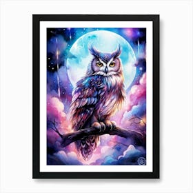 Watercolor Illustration Of A Majestic Owl Perched On A Gnarled Branch Surrounded By A Halo Of Glowi Art Print