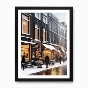 Amsterdam cafes, winter season, Christmas, autumn oil colors, pale colors, pedestrians in the street, winter clothes, falling snow.6 2 Art Print