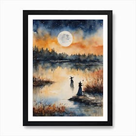 Lake Spirit ~ A Witch Communing With Spirits by the Waterside ~ Pagan Witchy Artwork Watercolour Spooky Witchcraft Illustration Art Print