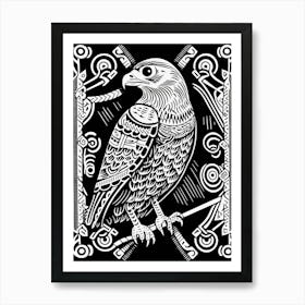 B&W Bird Linocut Hawk 1 Art Print