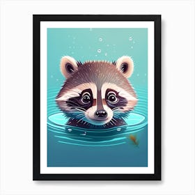 Swimming Raccoon With Bubbles And Leaves Art Print