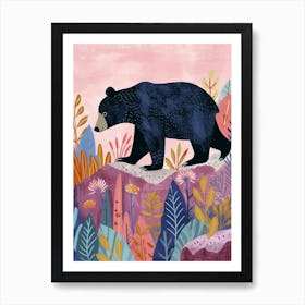 American Black Bear Walking On A Mountrain Storybook Illustration 4 Art Print