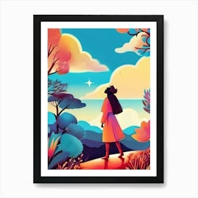 Luxmango Bold Woman Looking At Stars And Sky, Forest Illustration Art Print