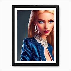 Beautiful Blonde Fashion Doll In Blue Dress Ai Art Portrait Art Print