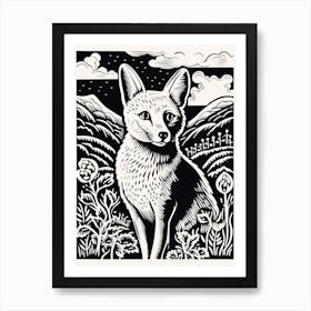 Fox In The Forest Linocut White Illustration 2 Art Print