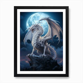 White Dragon In Front Of A Full Moon Art Print