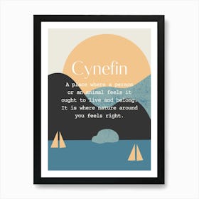 Welsh Cynefin Quote Sea, Sun and Boats, Blue and Neuteal Art Print