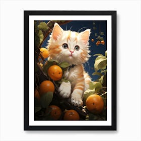 A little kitten climbs up a tree with oranges. 2 Art Print