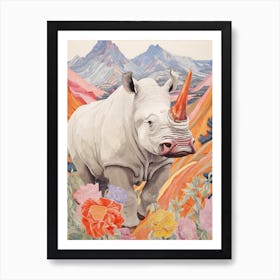 Patchwork Floral Rhino With Mountain In The Background 9 Art Print