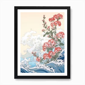 Great Wave With Verbena Flower Drawing In The Style Of Ukiyo E 4 Art Print