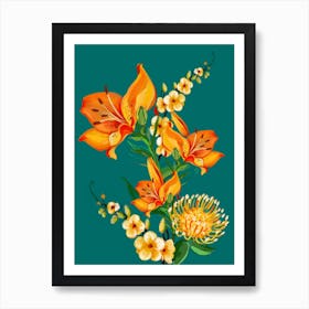 Orange Flowers On Teal Art Print