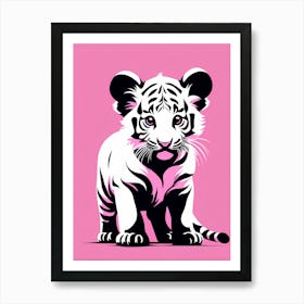 Playful Tiger Cub On Solid pink Background, modern animal art, baby tiger 1 Art Print