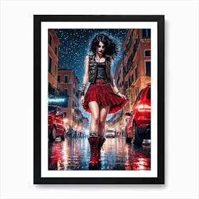 Girl In Red Skirt On The Street Art Print