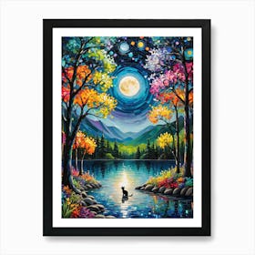Magical Life - Beautiful Rainbow Mosiac of Whimsical Black Cat Watching the Full Moon by the Lake Whimsy Kitty Art for Cat Lover, Cat Lady, Chakra Pride Pagan Witch Colorful HD Art Print