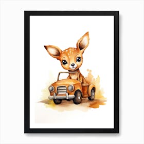 Baby Deer On Toy Car, Watercolour Nursery 3 Art Print