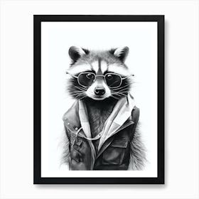 Raccoon In Scarf Black And White 2 Art Print