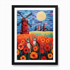 Two Cats With Marigolds And A Middle Ages Windmill Art Print