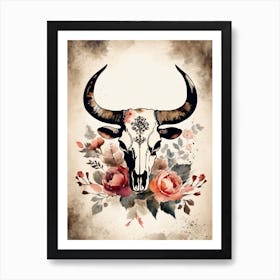 Vintage Boho Bull Skull Flowers Painting (46) Art Print