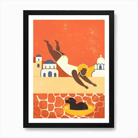 Woman Diving in A Pool with A Black Dog Swimming  Art Print