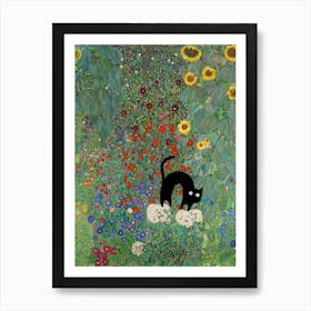 Cats In Famous Gardens Klimt Farm Garden With Sunflowers Art Print