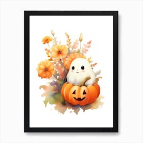 Cute Ghost With Pumpkins Halloween Watercolour 142 Art Print