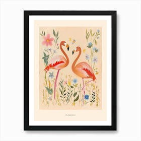 Folksy Floral Animal Drawing Flamingo Poster Art Print