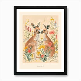 Folksy Floral Animal Drawing Kangaroo Poster Art Print