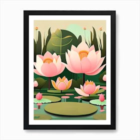 Lotus Flowers In Park Scandi Cartoon 6 Art Print