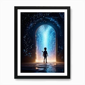 Silhouette Of A Whimsical Child Figure Partways Emerging From A Swirling Portal Polychrome Particl 2 Art Print