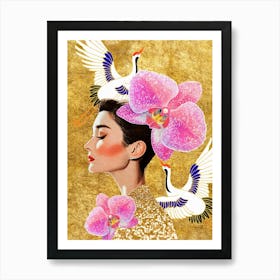 Audrery Hepburn With orchids and cranes pop art maximalist home, fashion wall art Glam Office Decor, bold Mixed media gold foil collage art feminine decor, surrealist artwork luxe bedroom interior Art Print