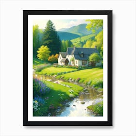Cottagecore Lush Green Landscape with Stream and Flowers Art Print