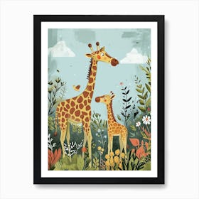 Mother Giraffe & Calf Colourful Illustration 4 Art Print