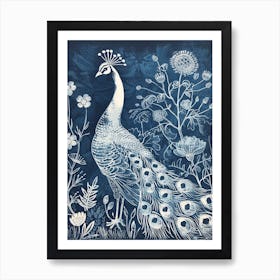 Navy & Cream Linocut Inspired Peacock In The Plants 1 Art Print