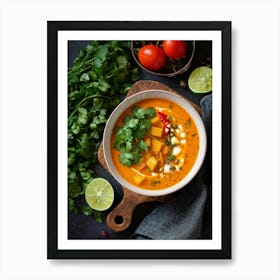 Autumn Pumpkin Curry Soup Steaming In A Rustic Ceramic Bowl Surrounded By An Array Of Vividly Spice (1) Art Print